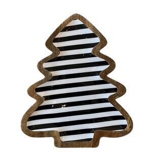 Wooden Christmas Tree Striped Platter 15in Black White Striped Made in India NEW